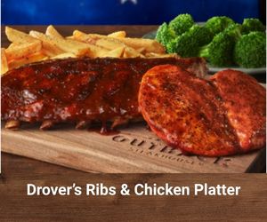 Drover’s Ribs and Chicken Platter featuring tender BBQ baby back ribs and flame-grilled chicken – hearty Outback Steakhouse combo entrée