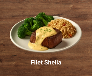 Filet Sheila – tender grilled filet mignon topped with rich mushroom sauce, served with seasoned vegetables – premium Outback Steakhouse steak